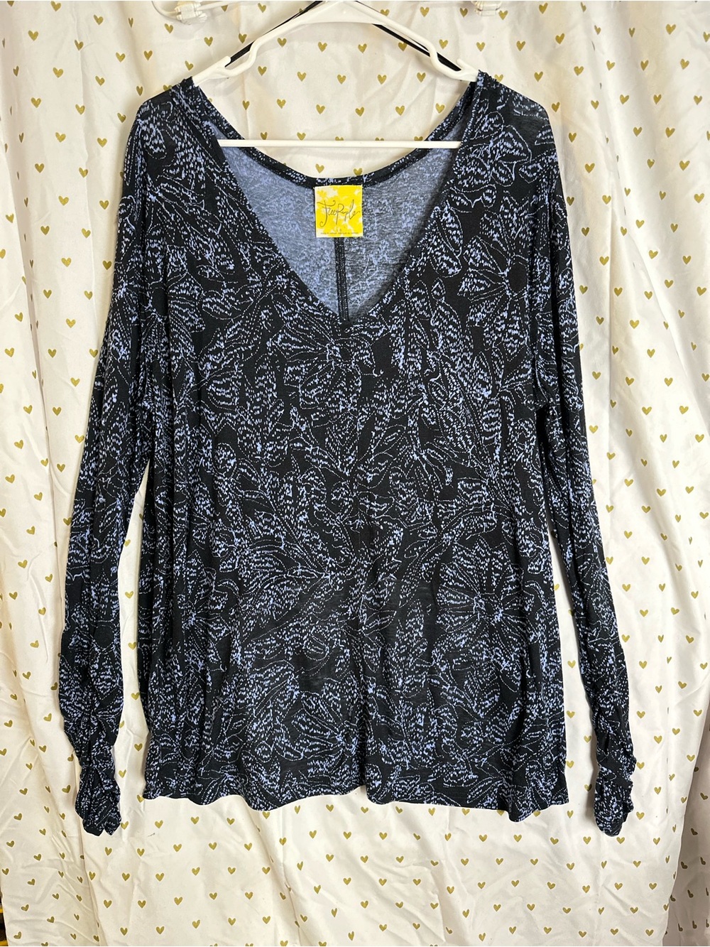 Free People Black Long Sleeve V-Neck Top with White Leaf Motif